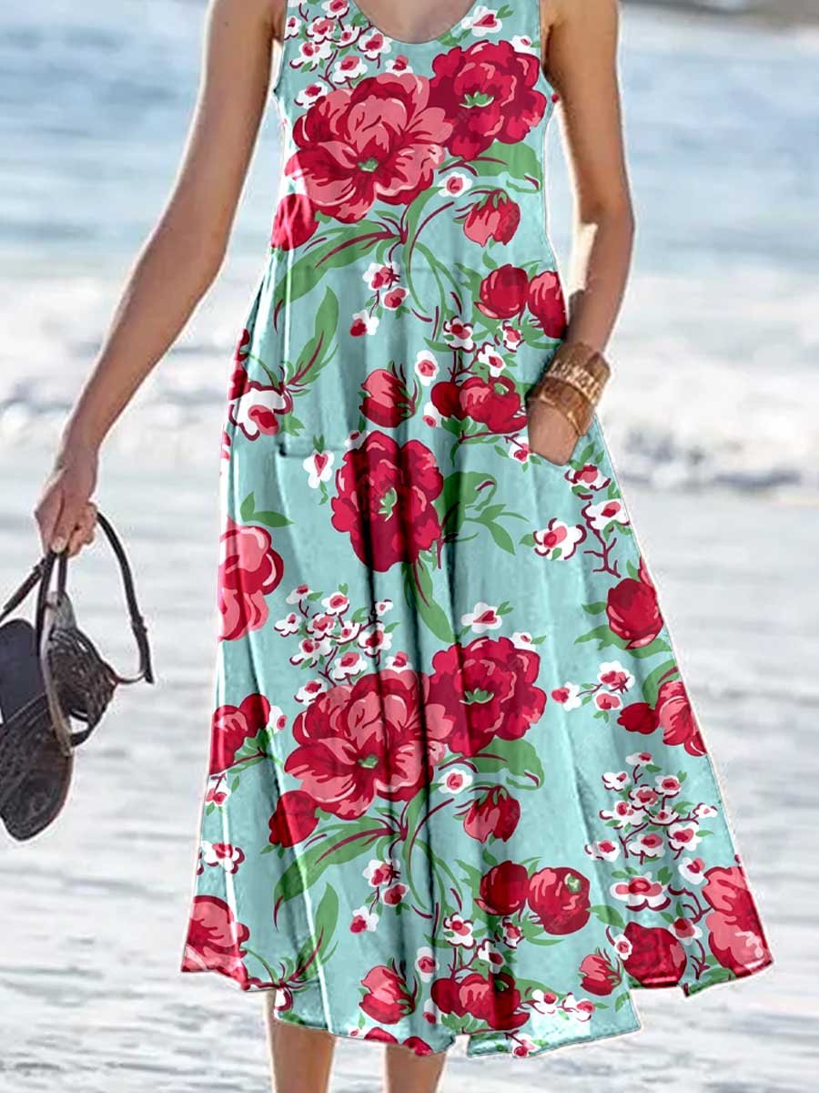 Women's Beach Resort Style Rose Floral Pattern Tank Top Dress with Pockets