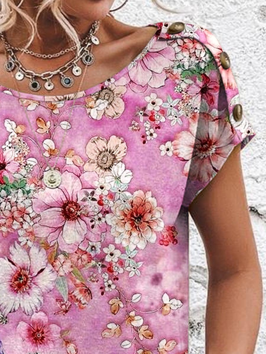 Women's Floral Pattern Print Decorative Button Round Neck Short Sleeve Cotton T-shirt Top