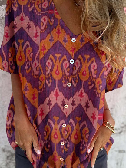 Women's Classic Bohemian Geometric Shirt Style Cotton and Linen Top