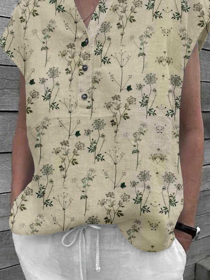 Women's Classic Elegant Floral Pattern Cotton and Linen Top