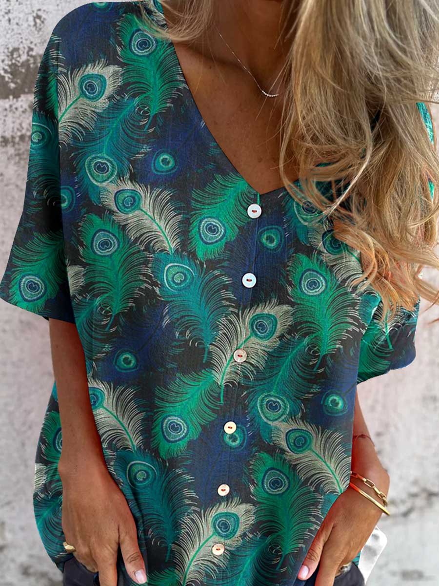 Women's Peacock Feather Pattern Printed V-neck Shirt Style Cotton and Linen top