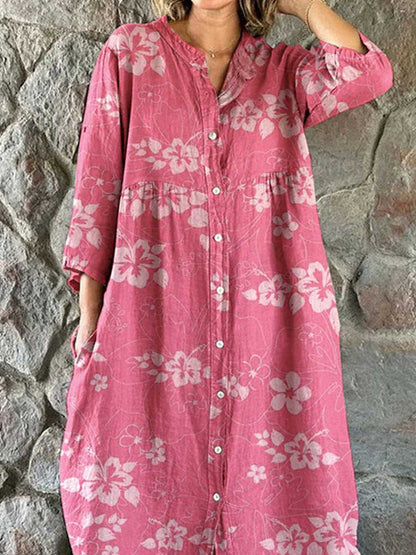 Women's Floral Sakura Print Cotton and Linen Shirt Dress