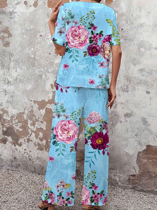 Women's Elegant Rose Floral Print Top and Pants Suit