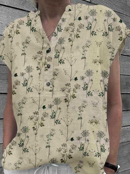 Women's Classic Elegant Floral Pattern Cotton and Linen Top