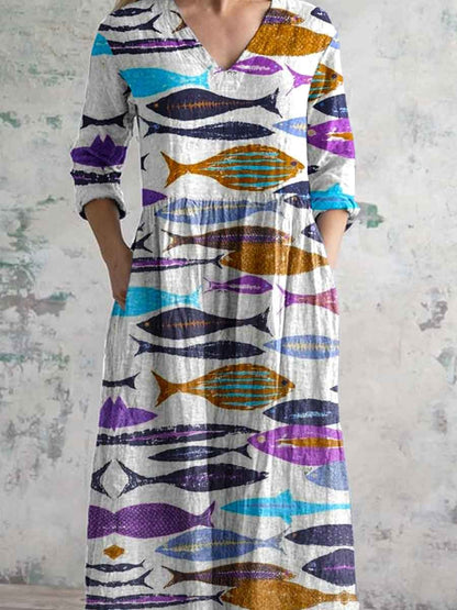 Women's Elegant Wave Undersea Fish Pattern V-Neck Cotton and Linen Dress