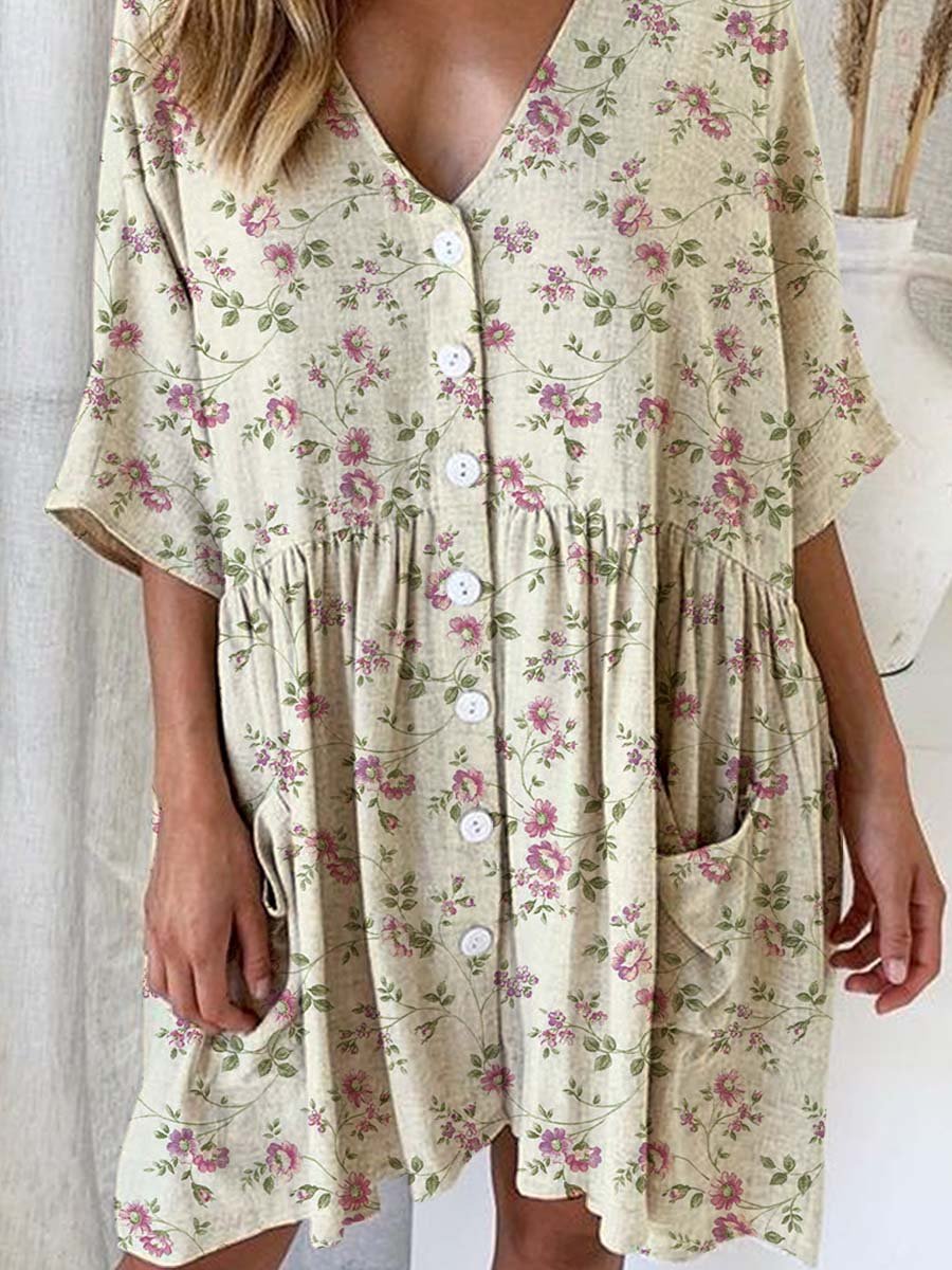 Women's Simple Floral Floral Print Cotton And Linen Dress