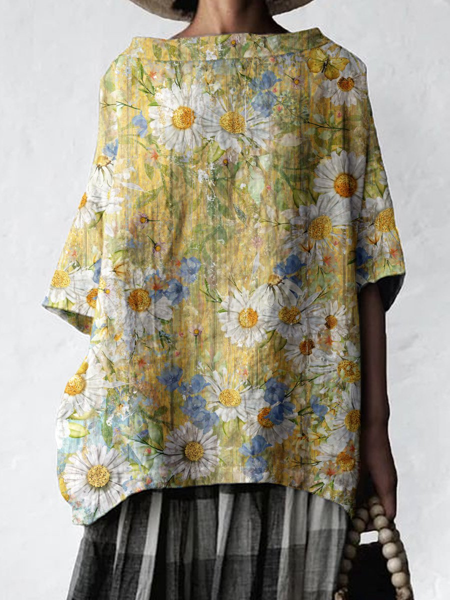 Women's Art Sunflower Floral Cotton and Linen Top