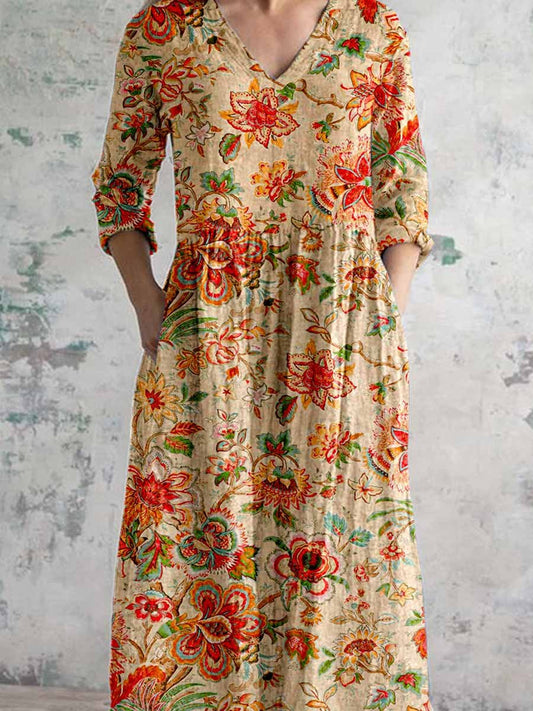 Women's Rose Floral Pattern Cotton And Linen Dress