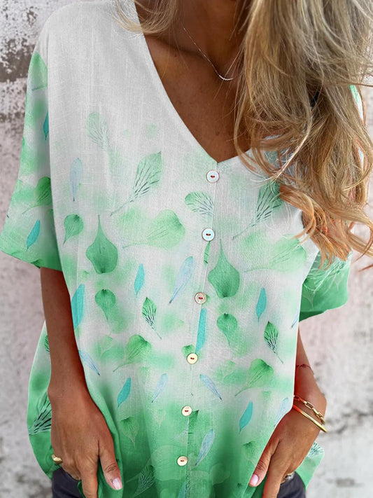 Women's Elegant Ombre Floral Pattern Shirt Cotton and Linen Top