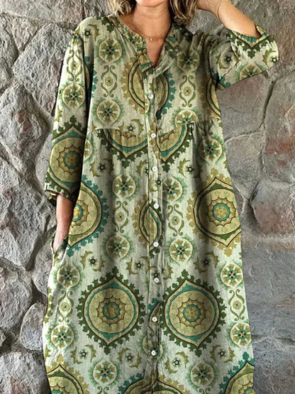 Women's Boho Pattern Shirt Style Cotton and Linen Dress