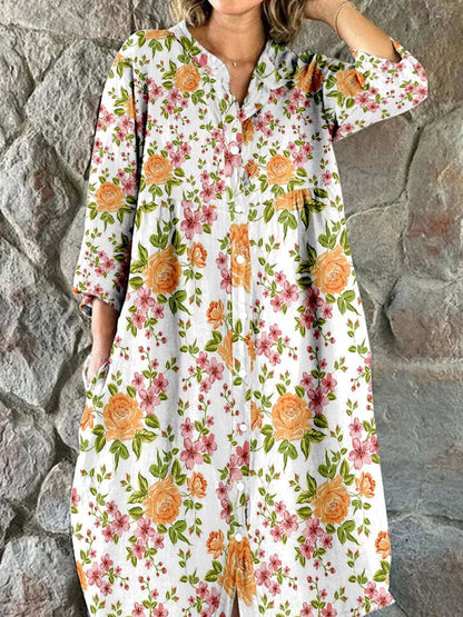 Women's Rose Flower Print Elegant Simple Shirt Cotton Linen Dress