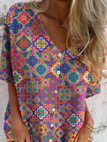 Women's Elegant Art Geometric Pattern Shirt Cotton and Linen Top