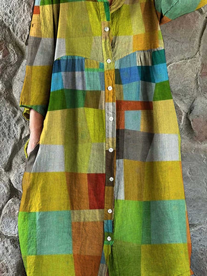 Women's Rainbow Geometric Square Print Cotton and Linen Shirt Dress