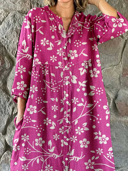 Women's Simple Elegant Decorative Floral Pattern Cotton and Linen Shirt Dress