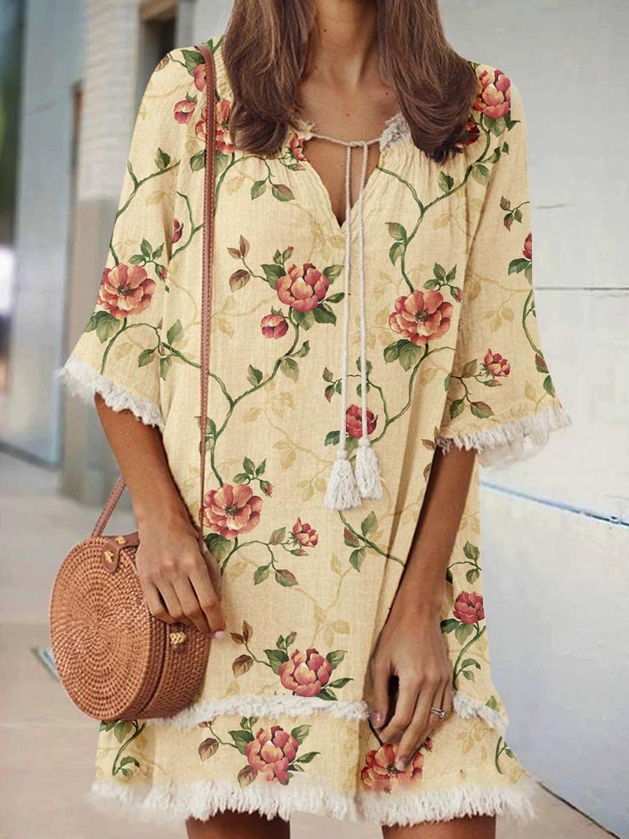 Women's Elegant Rose Floral Print V-Neck Strappy Raw Edge Cotton And Linen Dress