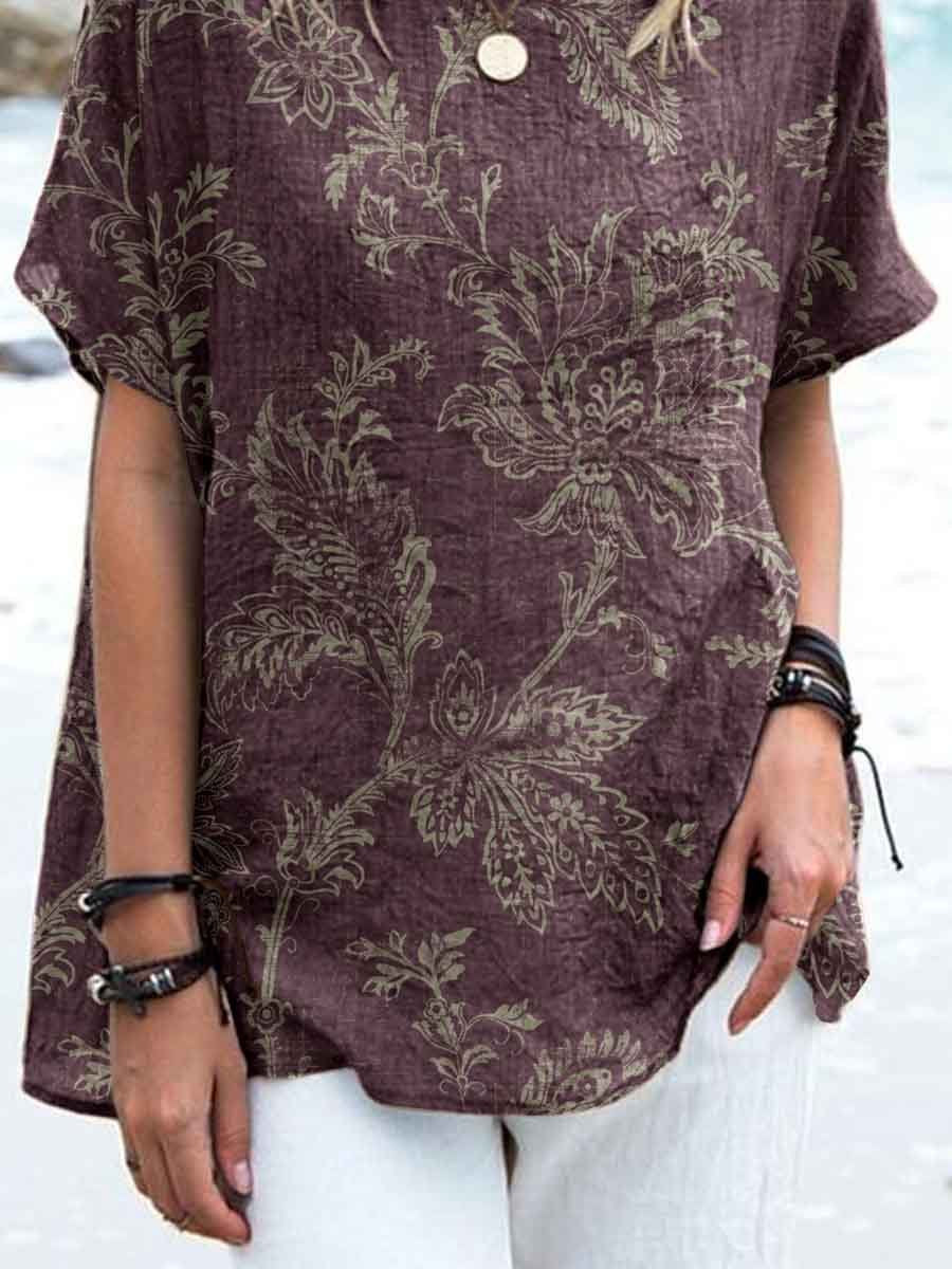 Women's Elegant Simple Decorative Floral Pattern Round Neck Cotton and Linen Top