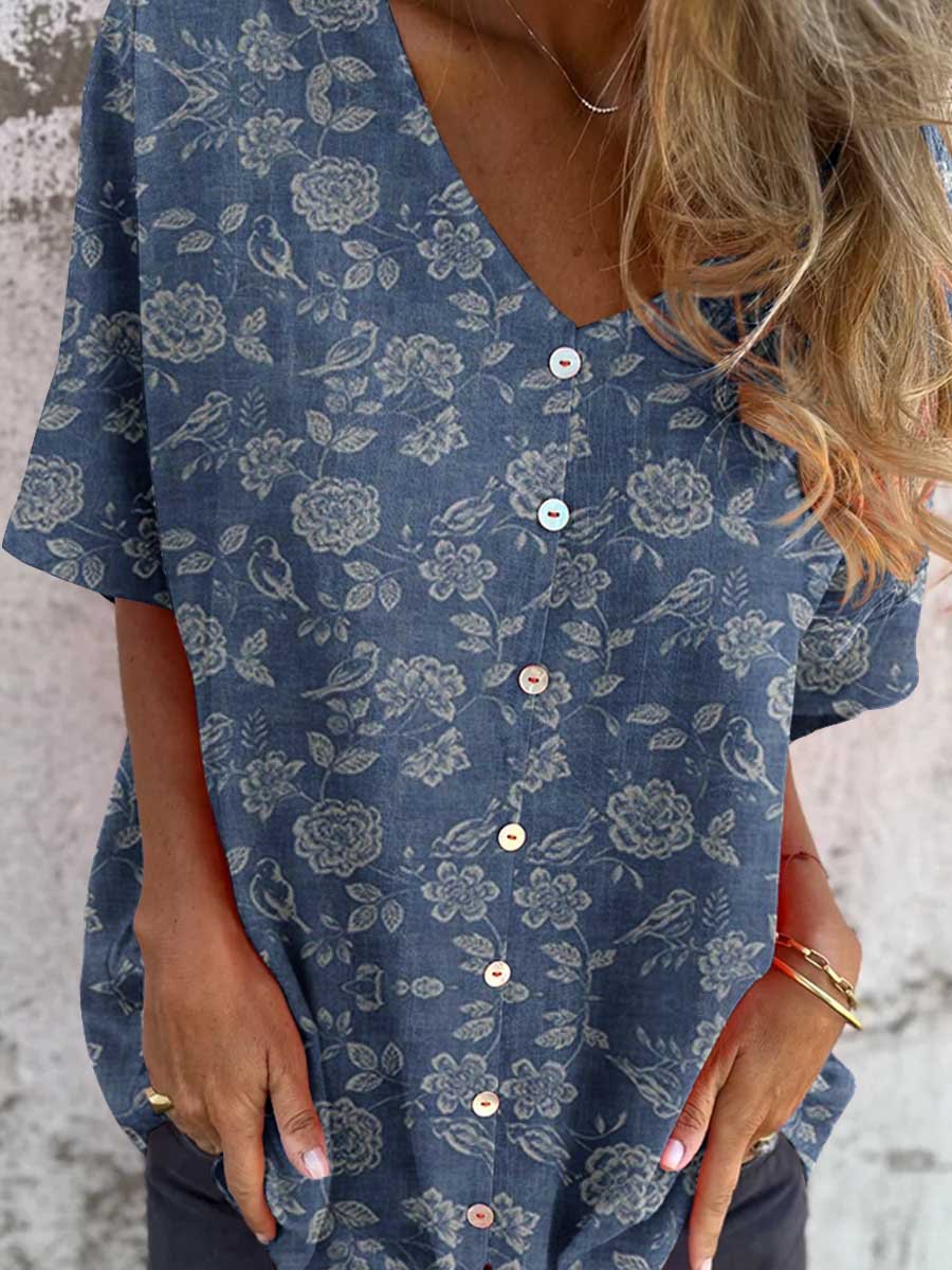 Women's Elegant Floral Pattern V-Neck Shirt Style Cotton and Linen Top