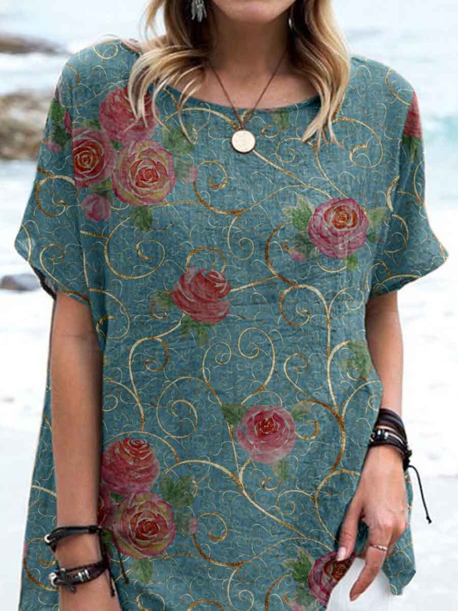 Women's Elegant Simple Decorative  Rose Floral Pattern Round Neck Cotton and Linen Top