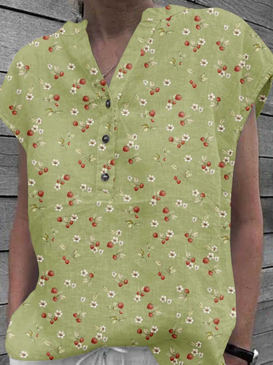 Women's Classic Elegant Floral Pattern Cotton and Linen Top