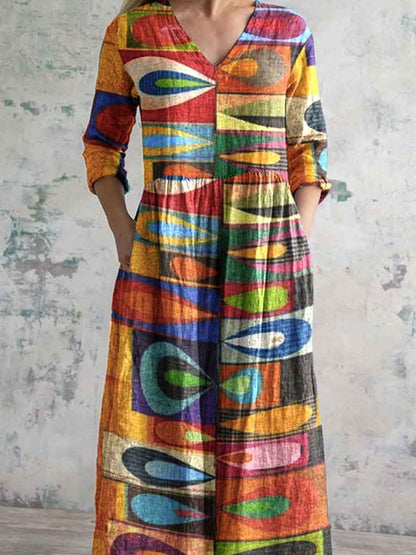 Women's Retro Elegant Art Geometric Pattern Cotton and Linen Dress with Pockets