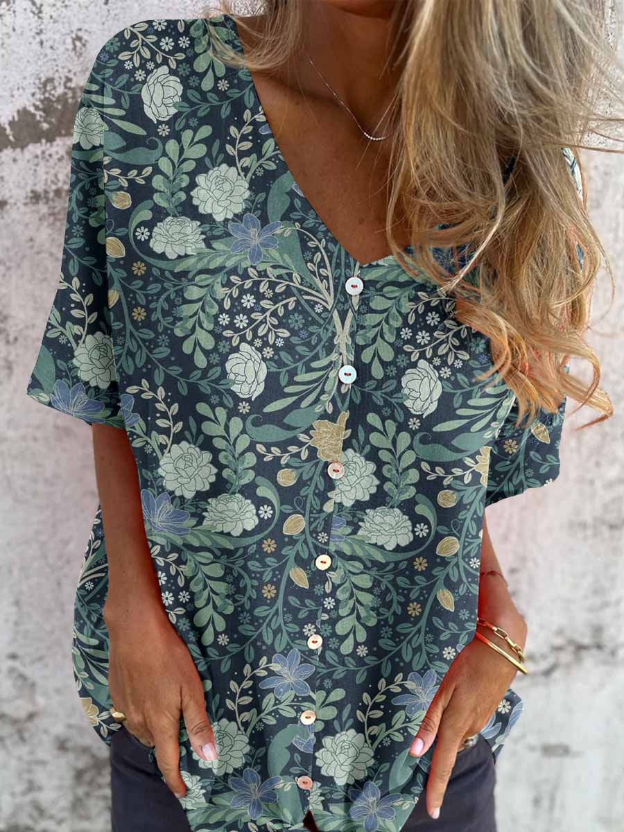 Women's Elegant Floral Pattern Shirt Style Cotton and Linen Top