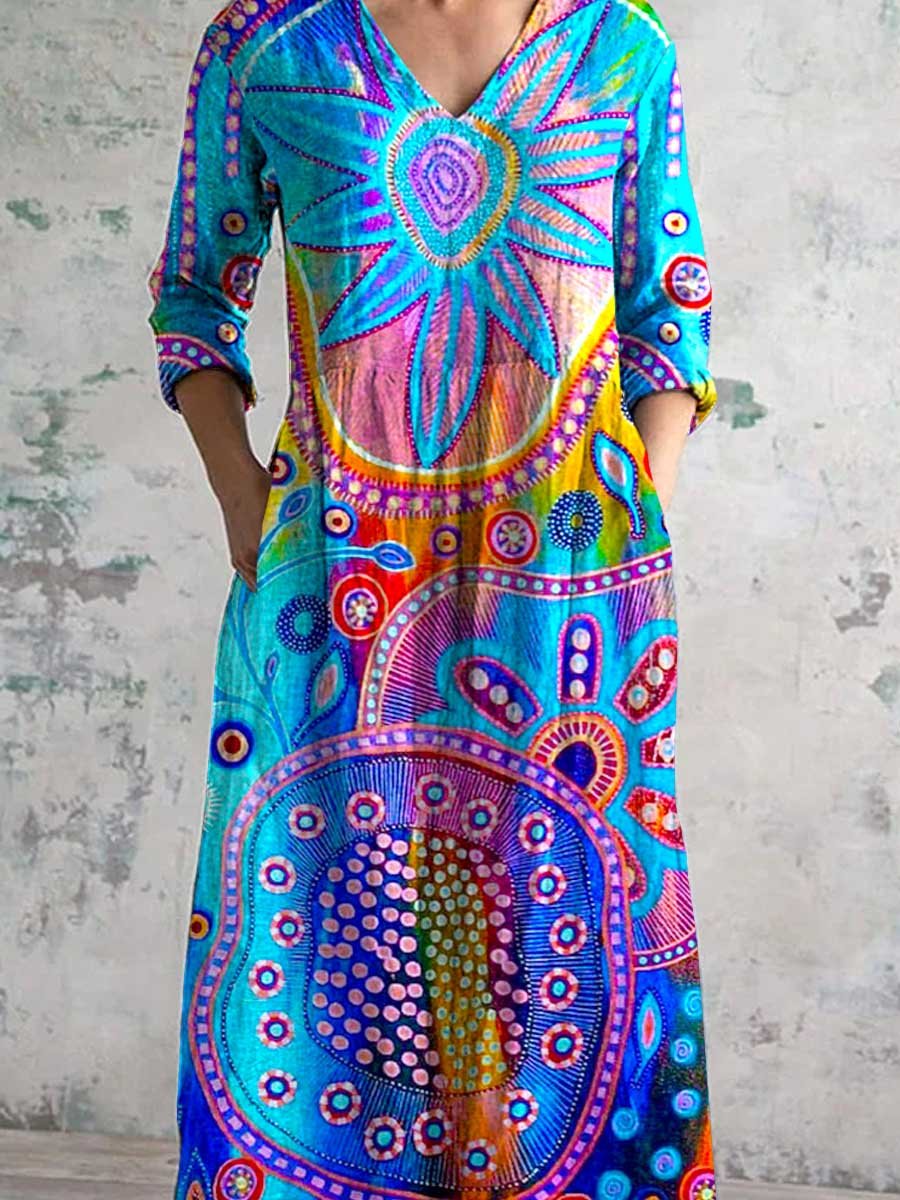 Women's V-Neck Colorful Bohemian Geometric Pattern Cotton And Linen Dress With Pockets