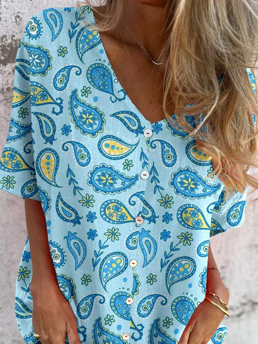 Women's Paisley Shirt Style Cotton and Linen Top