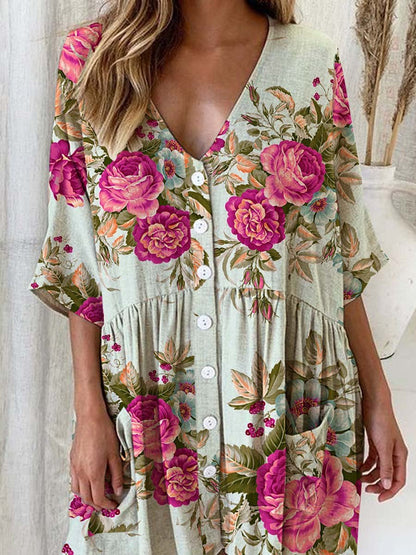 Women's Elegant Rose Floral Print Cotton and Linen Dress