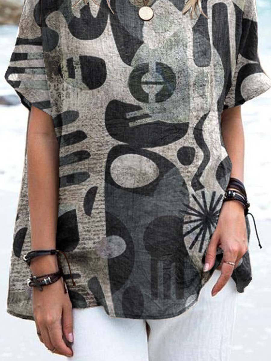 Women's Art Irregular Geometric Pattern Round Neck Cotton and Linen Top