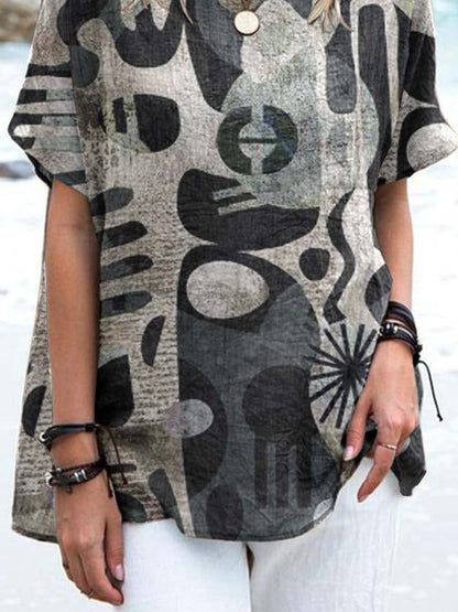 Women's Art Irregular Geometric Pattern Round Neck Cotton and Linen Top