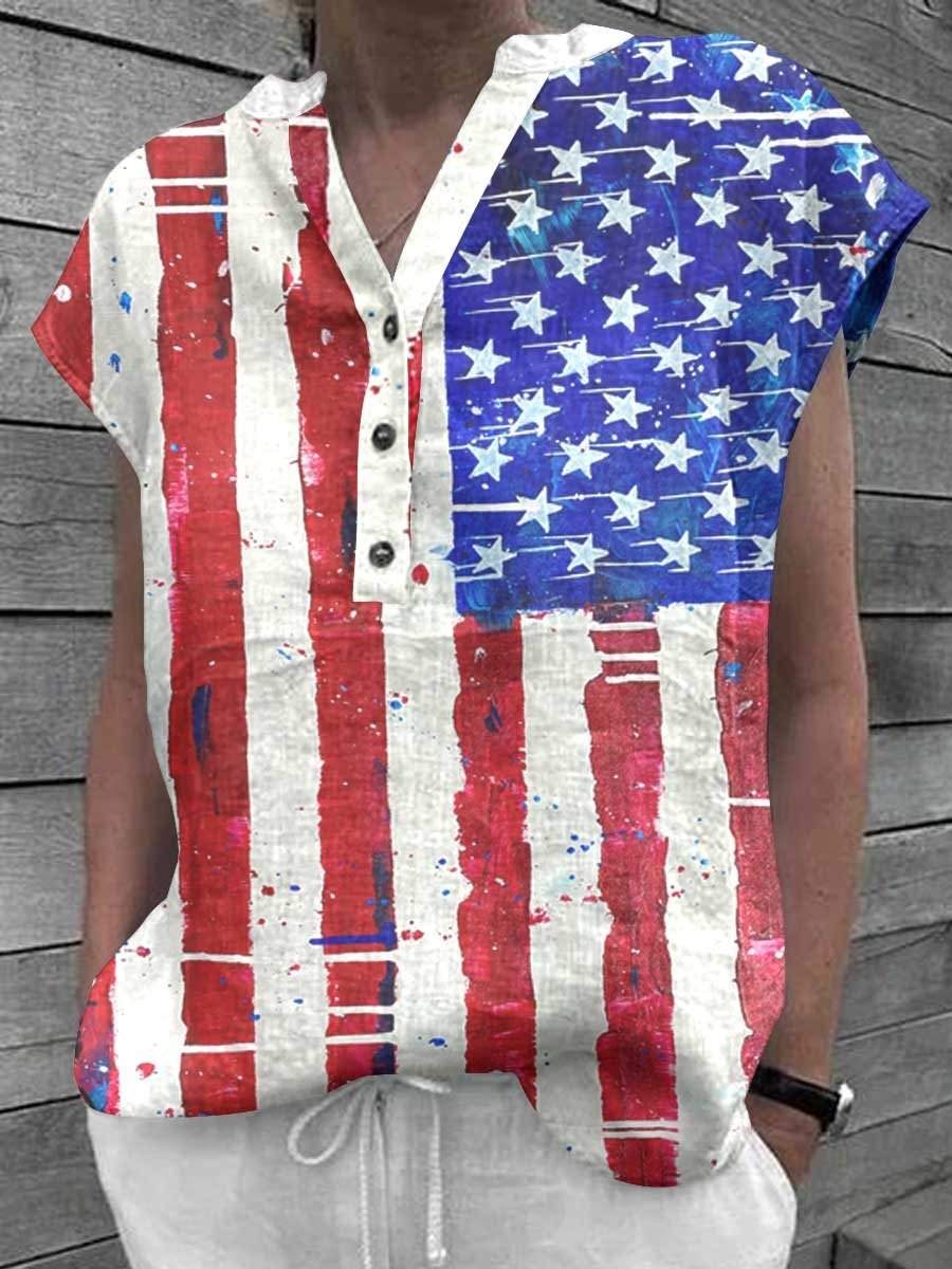 Women's Independence Day Graphic V-Neck Cotton and Linen Top