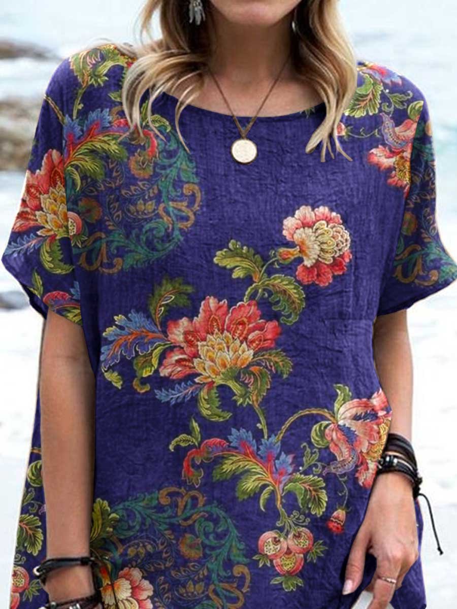 Women's Retro Elegant Floral Round Neck Cotton and Linen Top