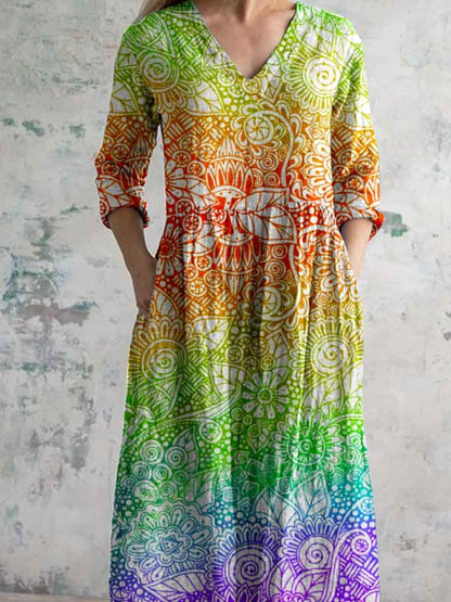 Women's Summer Rainbow Bohemian Pattern Cotton and Linen Dress