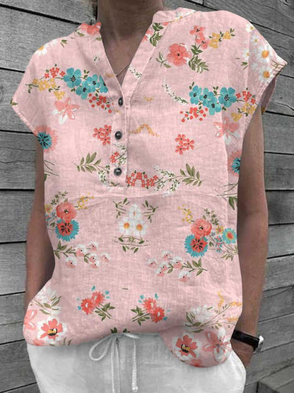 Women's Classic Elegant Floral Pattern Cotton and Linen Top