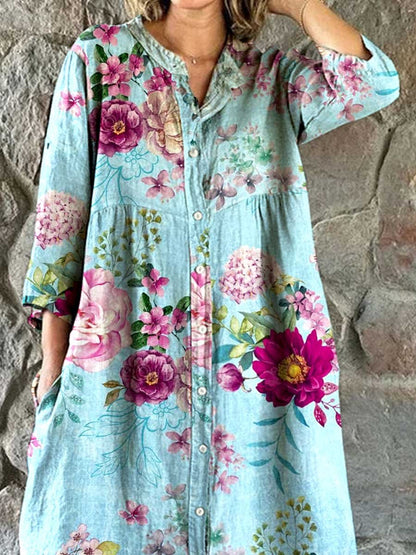 Women's Rose Floral Print Elegant Simple Shirt Cotton and Linen Dress