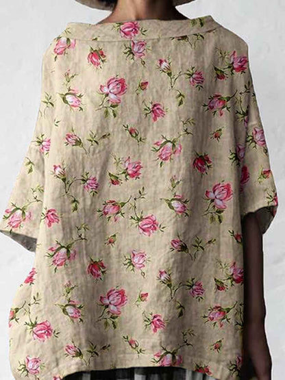 Women's Elegant Simple Rose Floral Print Linen Top