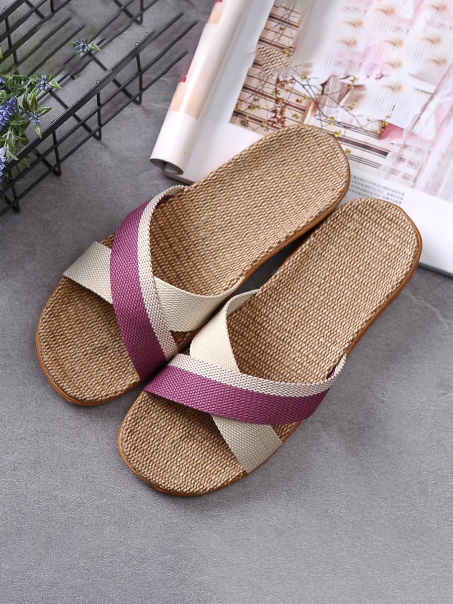 Women's Colorblock Linen Thick Sole Non-Slip Home Slippers