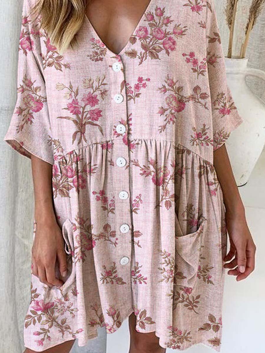 Women's Elegant Rose Floral Print Cotton and Linen Dress