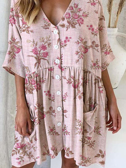 Women's Elegant Rose Floral Print Cotton and Linen Dress