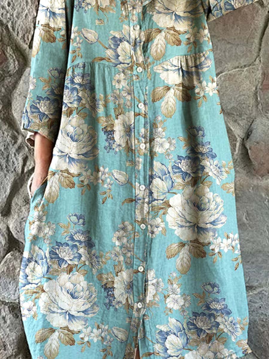 Women's Elegant Floral Pattern Cotton and Linen Dress with Pockets