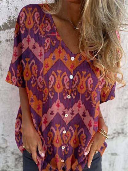 Women's Classic Bohemian Geometric Shirt Style Cotton and Linen Top