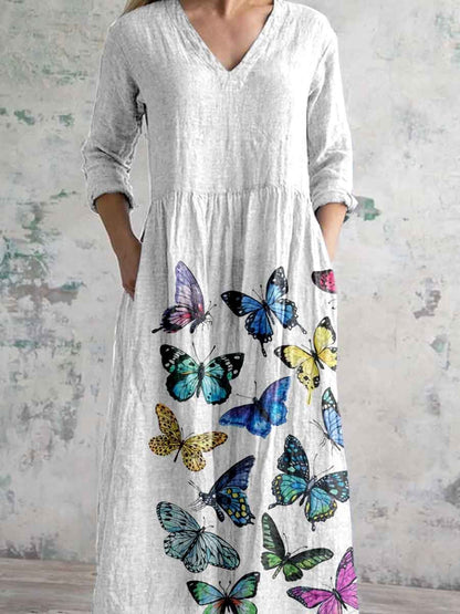 Women's Summer Butterfly Pattern Cotton And Linen Dress