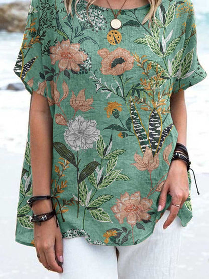 Women's Elegant Floral Cotton and Linen Crew Neck Top