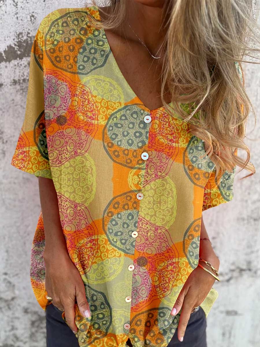 Women's Artistic Solor Geometric Pattern Printed V-neck Shirt Style Cotton and Linen Top