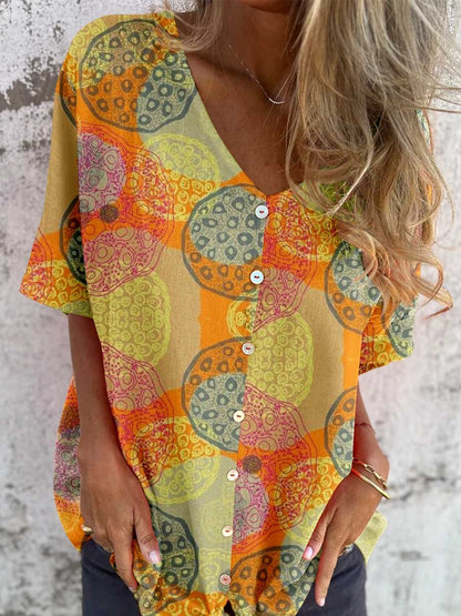 Women's Artistic Solor Geometric Pattern Printed V-neck Shirt Style Cotton and Linen Top