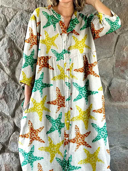 Women's Summer Fun Underwater World Starfish Pattern Shirt Style Cotton And Linen Dress