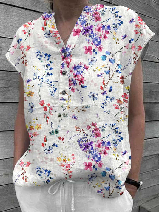 Women's Elegant Floral Classic Cotton and Linen Top