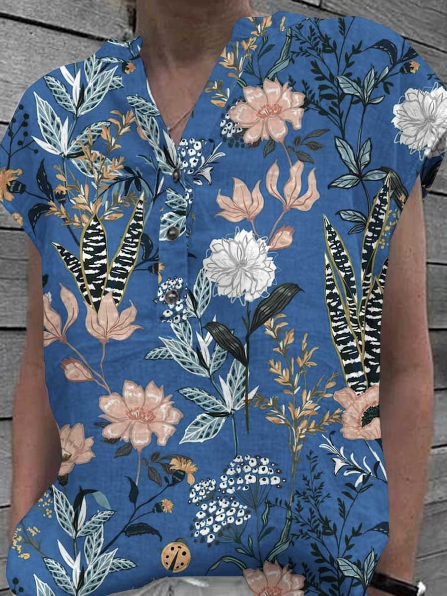 Women's Elegant Floral Classic Cotton and Linen Top