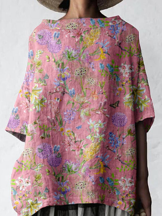 Women's Artistic Elegant Floral Cotton and Linen Top