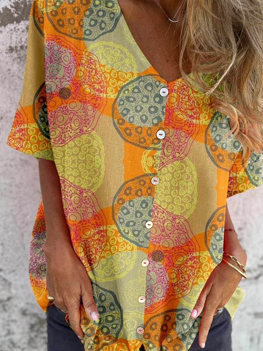 Women's Artistic Solor Geometric Pattern Printed V-neck Shirt Style Cotton and Linen Top